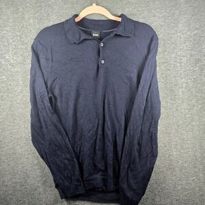 Hugo Boss Knit Polo Sweater Men L Virgin Wool Navy Blue 100%‎ Wool 50298478